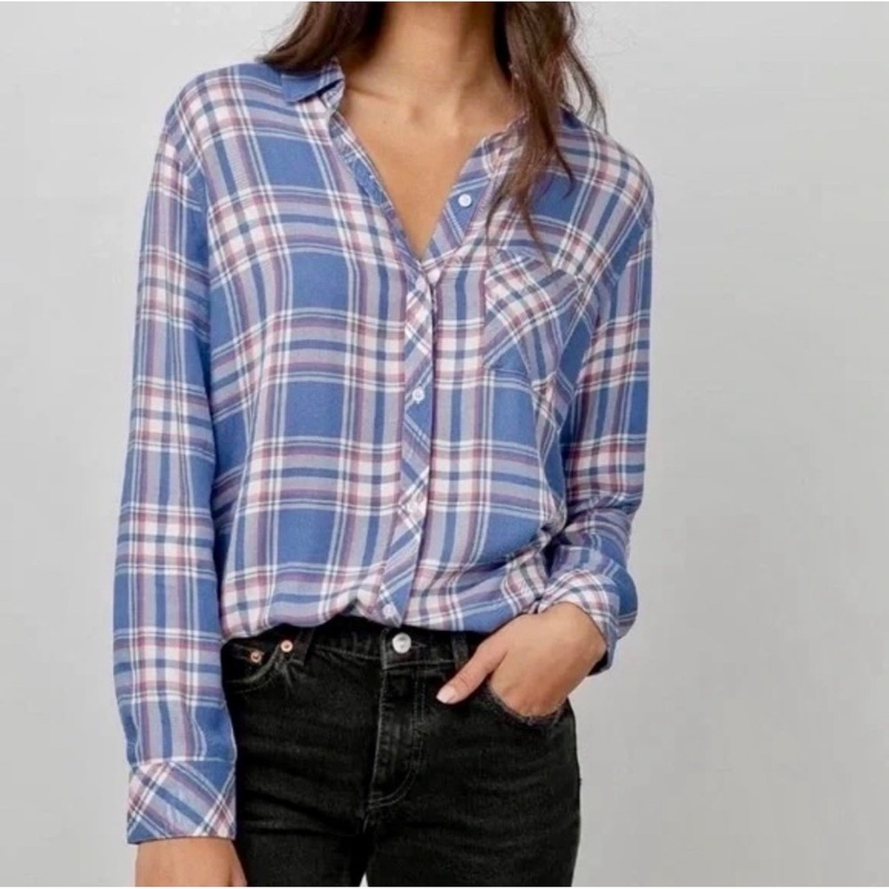 Rails Hunter Plaid Button Down Flannel‎ Shirt Medium Sky Blue White Daffodil